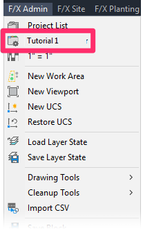 F/X Admin menu with current project name taking the place of Project Manager option